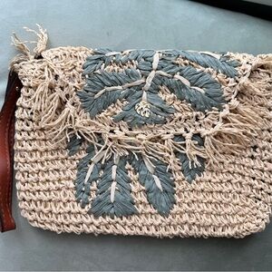 Tommy Bahama straw palm print leaf beach Beige and Green Clutch
